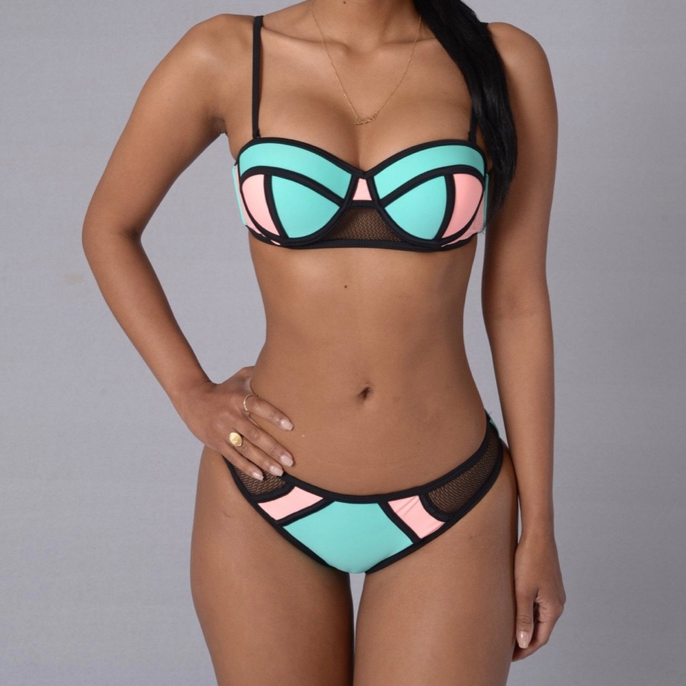 Turquoise Peach Colorblock Bikini Set